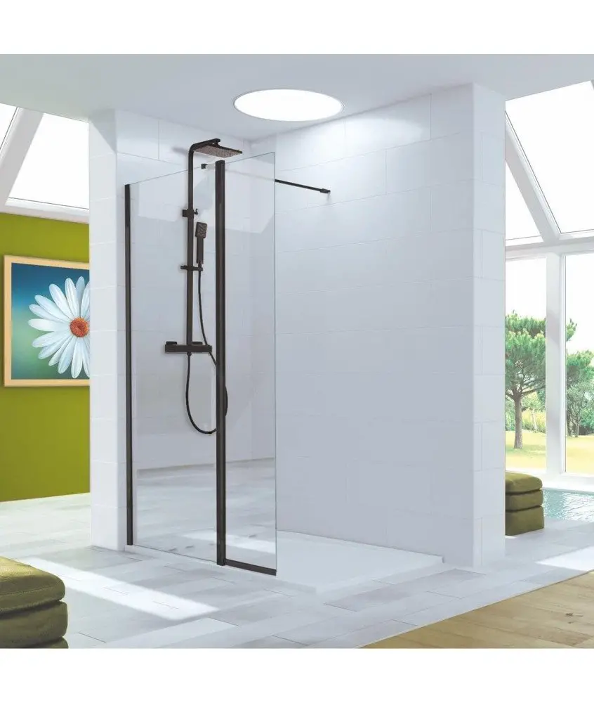 Paroi de douche fixe plus porte pivoante noir Polaris Kassandra en Melonbath | Écrans de salle de bains | Offres