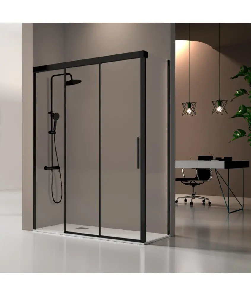Paroi de douche noire 1 porte fixe et 2 portes coulissantes avec côté fixe Fénix Kassandra en Melonbath | Écrans de salle de bains | Offres