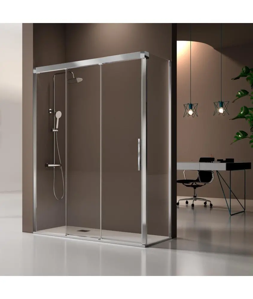 Paroi de douche 1 porte fixe et 2 portes coulissantes avec côté fixe Fénix Kassandra en Melonbath | Écrans de salle de bains | Offres