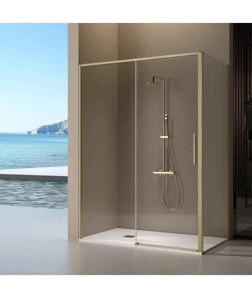 Paroi de douche rectangulaire coulissante or brossé et côté Delta fixe Kassandra en Melonbath | Écrans de salle de bains | Offres
