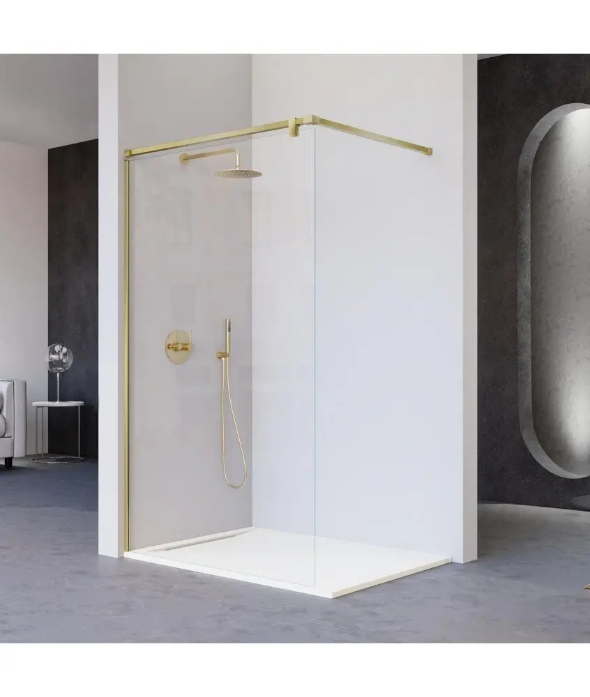 Paroi de douche fixe en acier inoxydable or brossé Fresh Salomón Kassandra en Melonbath | Écrans de salle de bains | Offres