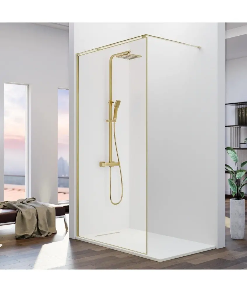 Paroi de douche fixe en or brossé avec barre en L Arena Kassandra en Melonbath | Écrans de salle de bains | Offres