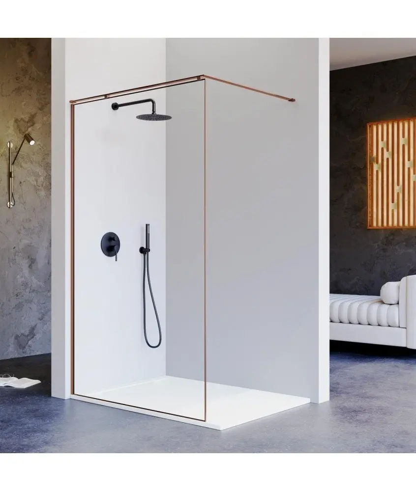 Paroi de douche fixe bronze brossé Fresh Arena | Barre en L Paroi de douche fixe en bronze brossé avec barre en L Arena Kassandra en Melonbath | Écrans de salle de bains | Offres