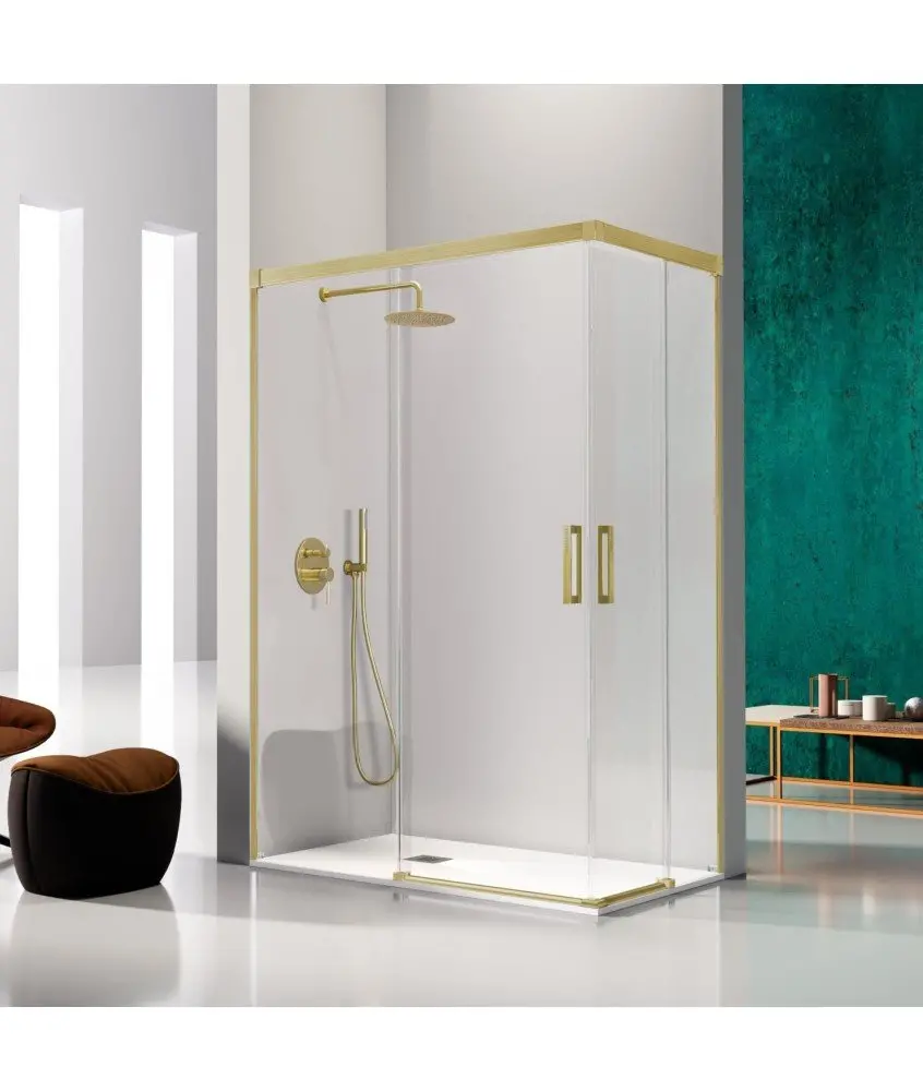 Paroi de douche angulaire coulissante en or brossé Glasé Paroi de douche angulaire coulissante en or brossé Glasé Kassandra en Melonbath | Écrans de salle de bains | Offres