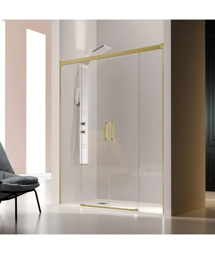 Paroi de douche en or brossé avec 2 panneaux fixes + 2 portes coulissantes Glasé Kassandra en Melonbath | Écrans de salle de bains | Offres