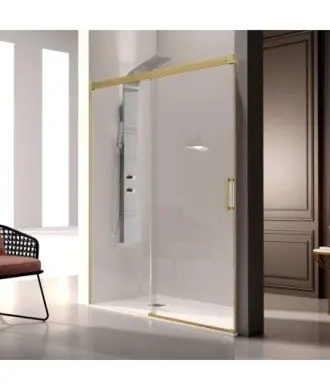 Paroi de douche en or brossé avec un panneau fixe + une porte coulissante Glasé Kassandra en Melonbath | Écrans de salle de bains | Offres