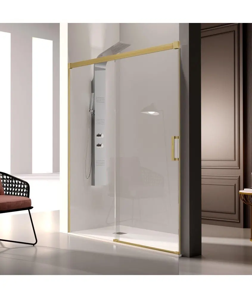 Paroi de douche en or brossé avec un panneau fixe + une porte coulissante Glasé Kassandra en Melonbath | Écrans de salle de bains | Offres
