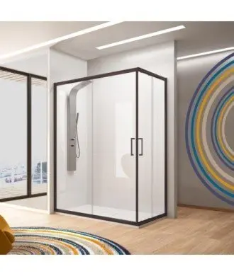 Paroi de douche angulaire noire avec 2 fixes et 2 portes coulissantes Bella