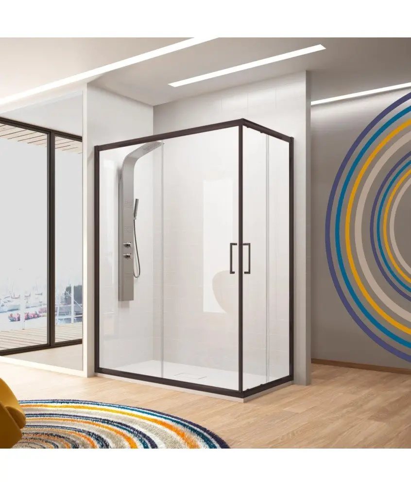 Paroi de douche angulaire noire avec 2 fixes et 2 portes coulissantes Bella Kassandra en Melonbath | Écrans de salle de bains | Offres