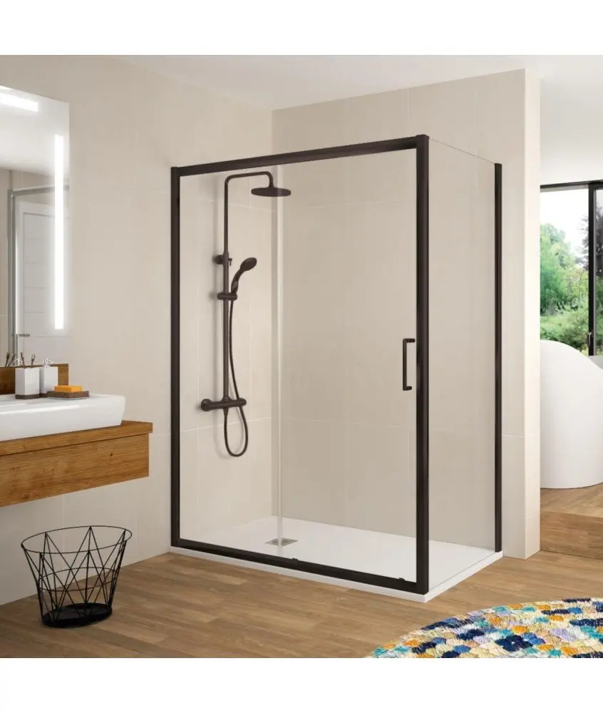 Paroi de douche rectangulaire noire, fixe + coulissante + latéral fixe Bella Paroi de douche rectangulaire noire, fixe + coulissante + latéral fixe Bella Kassandra en Melonbath | Écrans de salle de bains | Offres