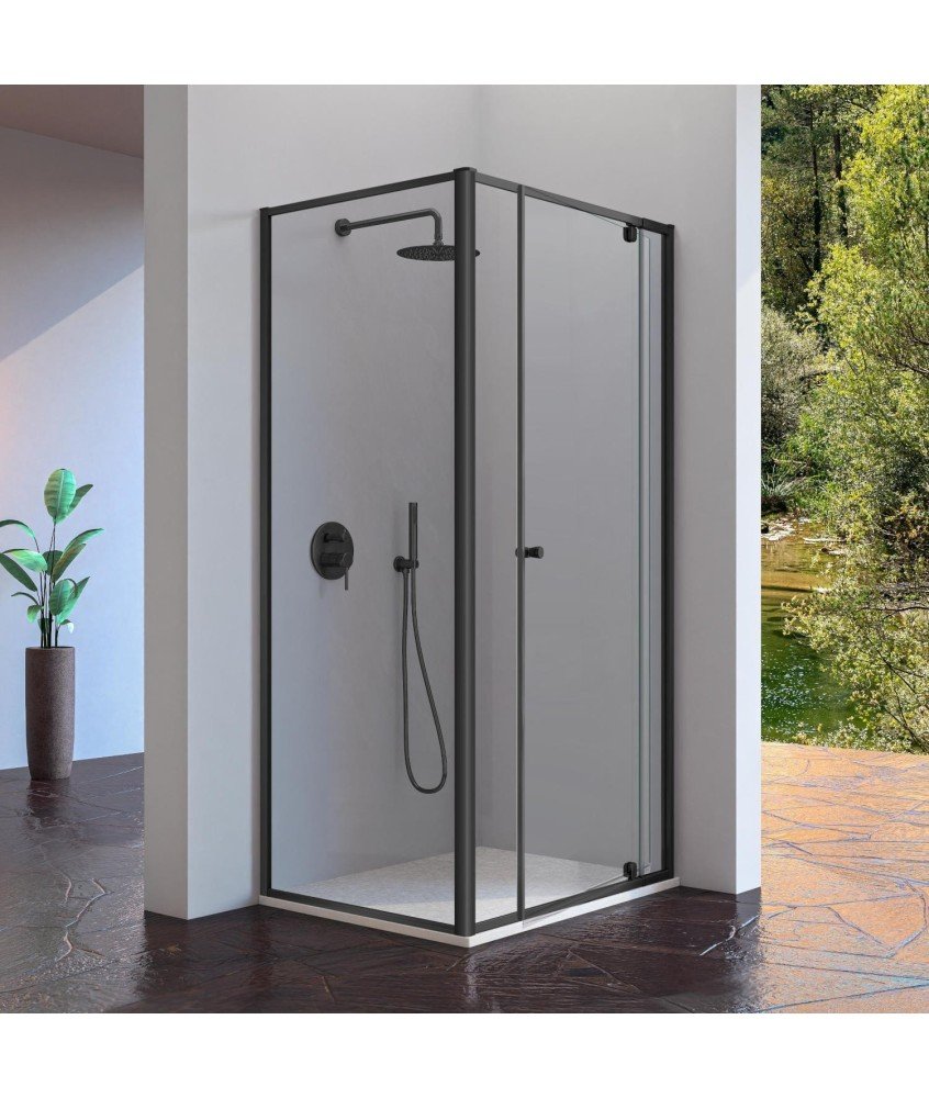 Paroi de douche rectangulaire noire battante pivotante avec latéral fixe Pivot Kassandra en Melonbath | Écrans de salle de bains | Offres