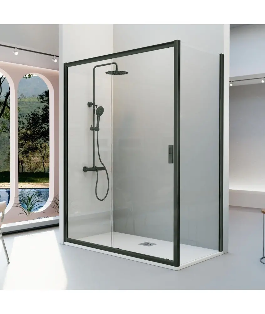 Paroi de douche rectangulaire noire compacte fixe + porte coulissante Siena Paroi de douche rectangulaire noire compacte fixe + porte coulissante Siena Kassandra en Melonbath | Écrans de salle de bains | Offres