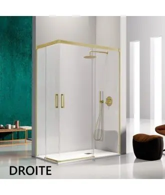 Paroi de douche angulaire coulissante en or brossé Glasé