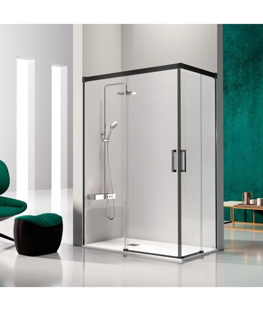 Paroi de douche coulissante angulaire noire Glasé Kassandra en Melonbath | Écrans de salle de bains | Offres