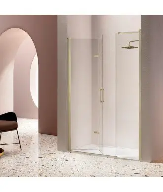 Paroi de douche noir avec deux feuilles pliantes et une or brossé fixe