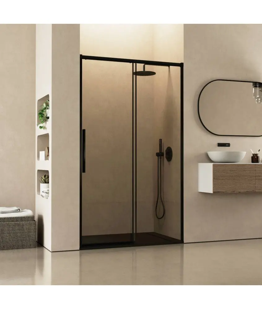 Paroi de douche frontale fixe et coulissante noire Salma Profiltek en Melonbath | Écrans de salle de bains | Offres