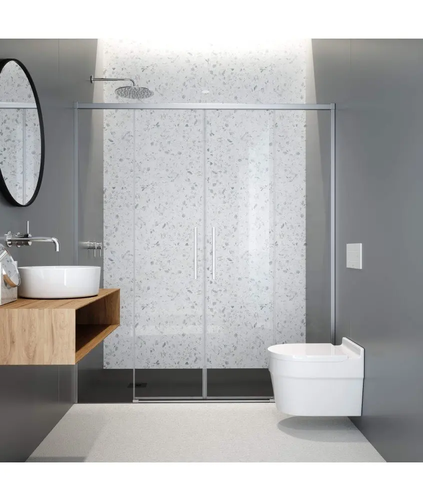 Paroi de douche frontale à deux éléments fixes et coulissants Salma Profiltek en Melonbath | Écrans de salle de bains | Offres