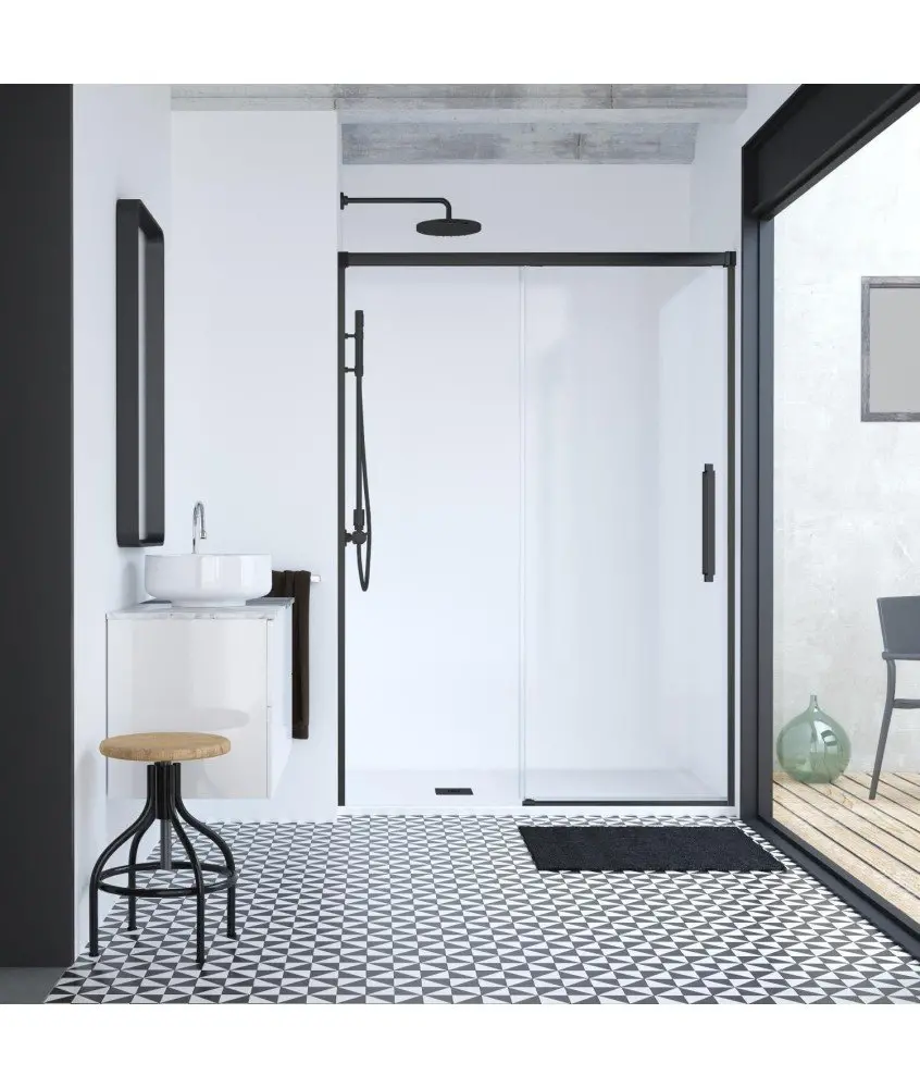 Paroi de douche noire avec façade fixe et coulissante Hit Profiltek en Melonbath | Écrans de salle de bains | Offres