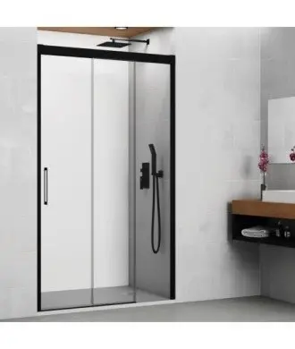 Paroi de douche frontal noir avec 1 vantail fixe et 2 vantaux coulissants