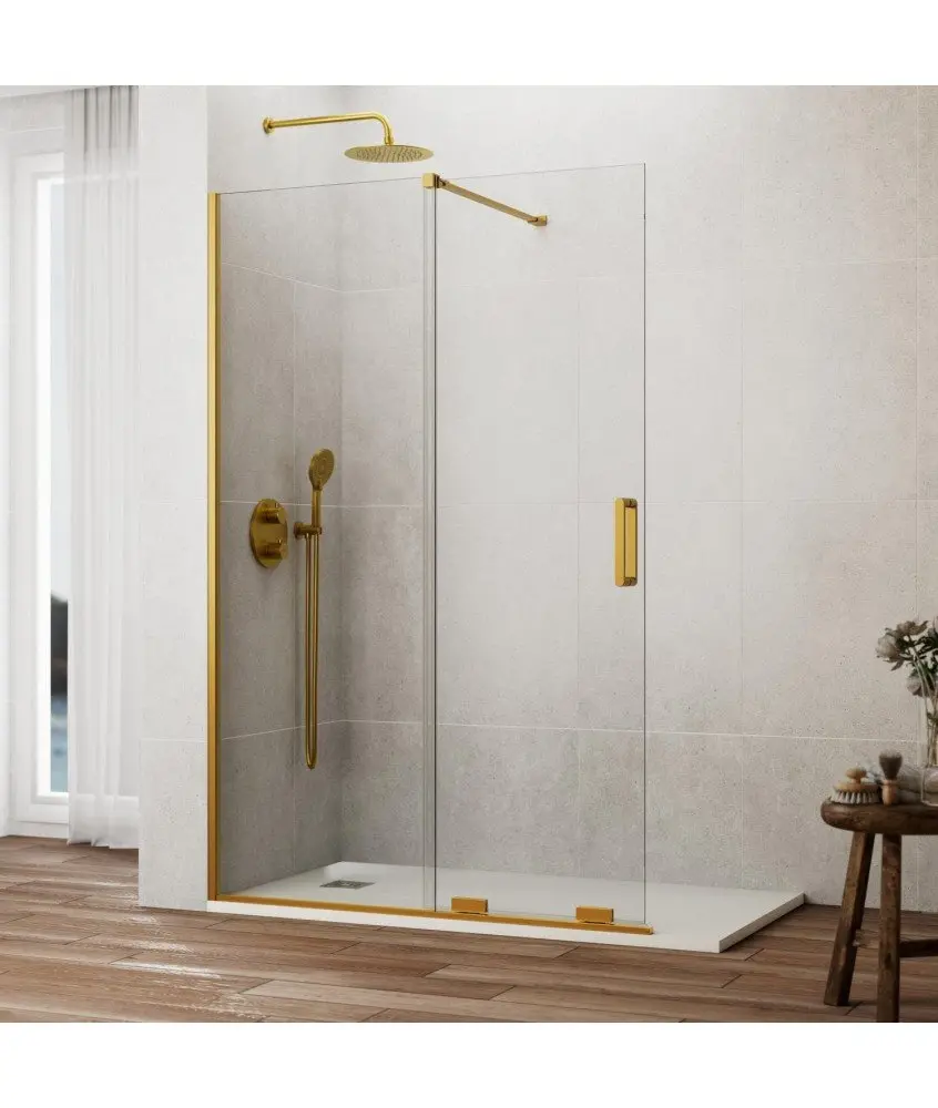 Paroi de douche fixe Kenna en or brossé avec porte coulissante sans serrure Paroi de douche fixe Kenna en or brossé avec porte coulissante sans serrure GME en Melonbath | Écrans de salle de bains | Offres