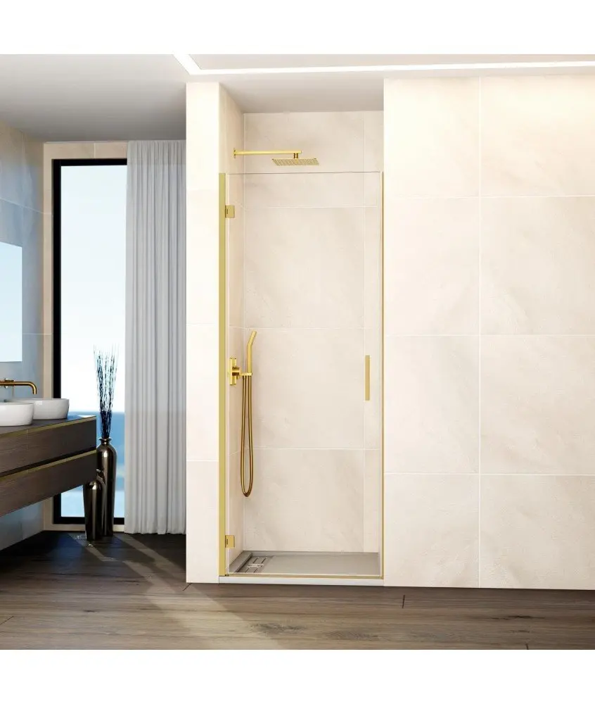 Paroi de douche à une porte battante et charnières en or brossé Glass GME en Melonbath | Écrans de salle de bains | Offres
