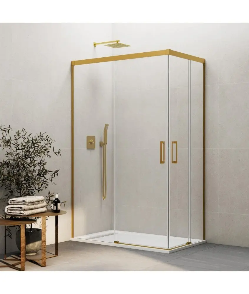 Paroi de douche d'angle en or brossé 2 fixes et 2 coulissants Basic GME en Melonbath | Écrans de salle de bains | Offres