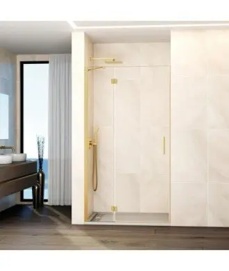 Paroi de douche en or brossé, 1 fixe + 1 articulée, charnières en verre GME en Melonbath | Écrans de salle de bains | Offres