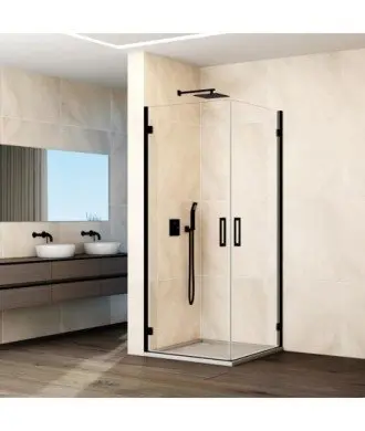 Paroi de douche d'angle noire avec 2 portes battantes et charnières en verre