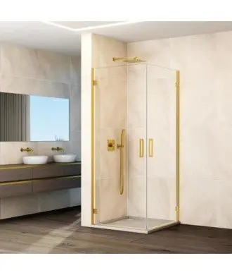 Paroi de douche d'angle dorée 2 portes battantes et charnières en verre Glass GME en Melonbath | Écrans de salle de bains | Offres