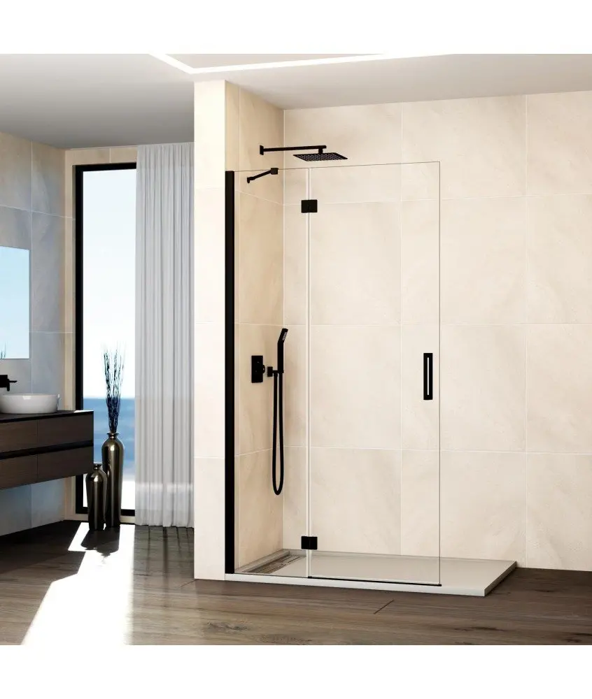 Paroi de douche noire 1 fixe et 1 pliante sans fermeture, en verre Glass GME en Melonbath | Écrans de salle de bains | Offres