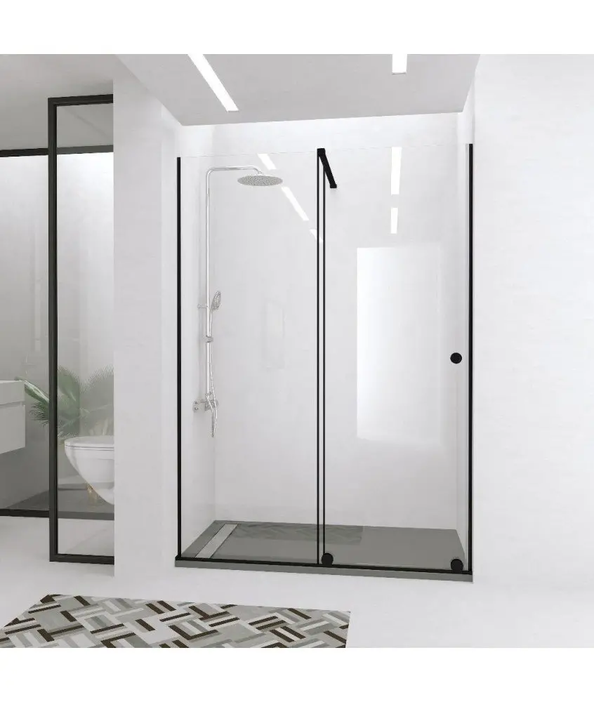 Paroi de douche noire fixe avec porte coulissante Bron en Melonbath | Écrans de salle de bains | Offres