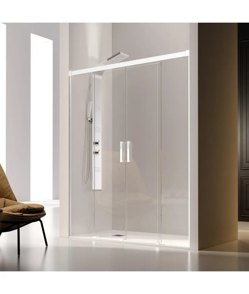 Paroi de douche blanc 2 portes vitrées fixes + 2 coulissantes Kassandra en Melonbath | Écrans de salle de bains | Offres