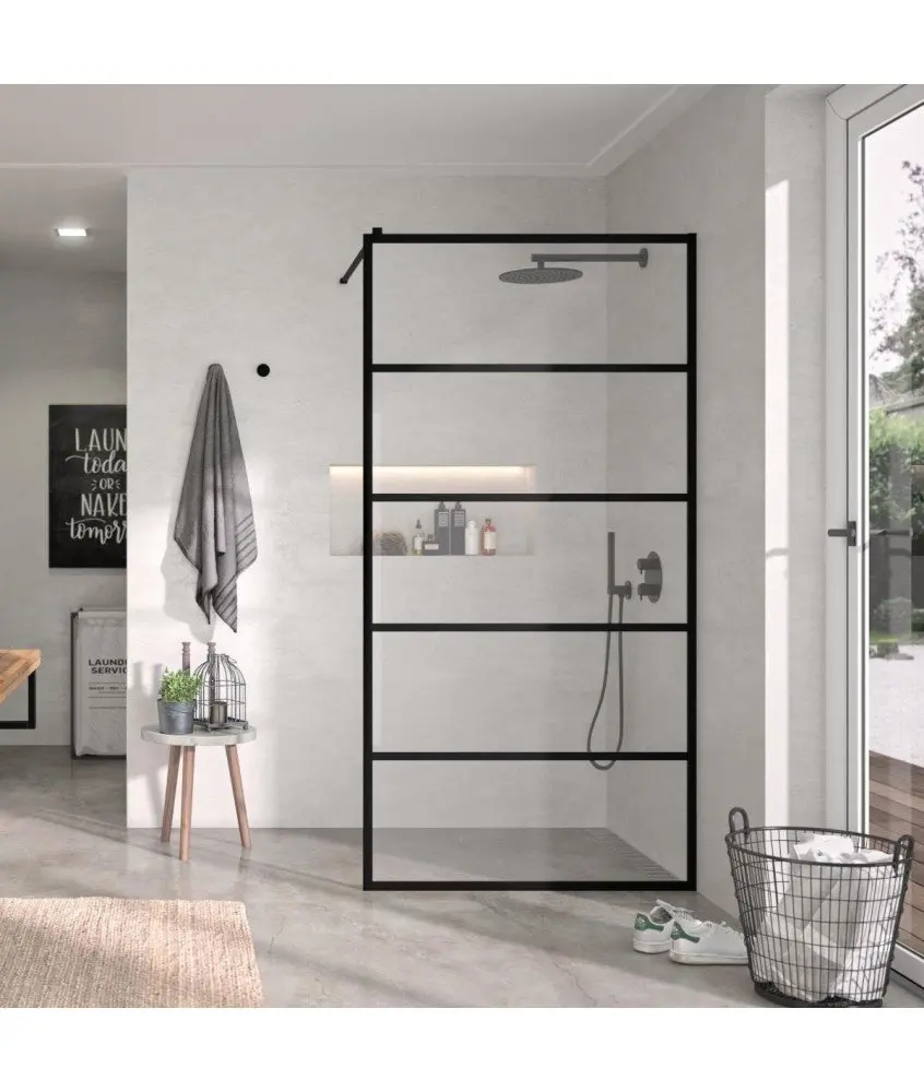 Paroi de douche fixe noire avec lignes Kassandra en Melonbath | Écrans de salle de bains | Offres