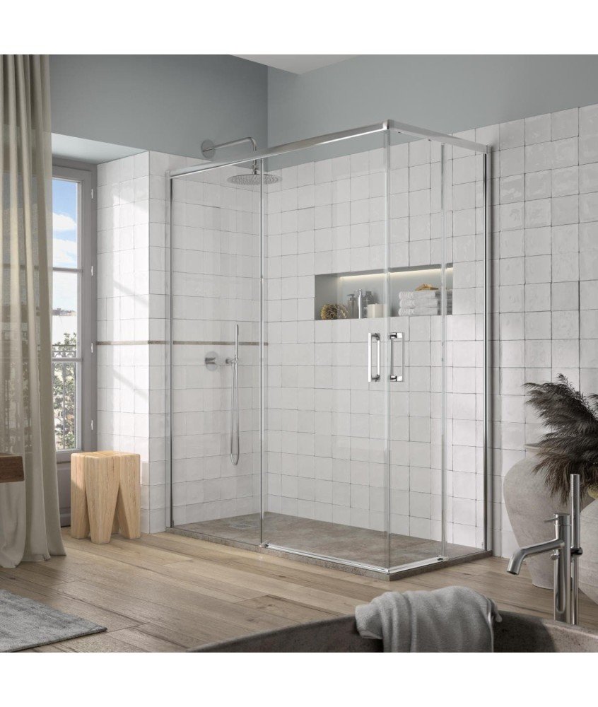 Paravent d'angle 2 fixes plus 2 coulissants ® Yoko Modèle YK607 Paroid de douche angulaire 2 fixes plus 2 coulissants Yoko Kassandra en Melonbath | Écrans de salle de bains | Offres
