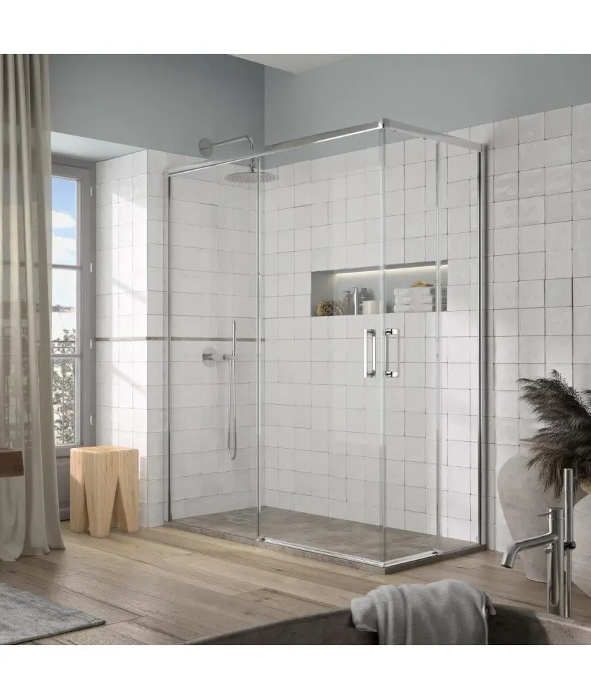 Paroid de douche angulaire 2 fixes plus 2 coulissants Yoko Kassandra en Melonbath | Écrans de salle de bains | Offres