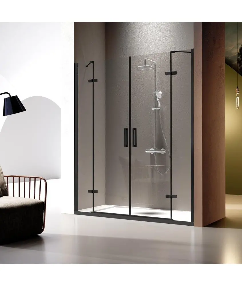 Paroi de douche noir 2 fixes et 2 rabattables avec charnières | NA415 Paroi de douche frontale deux fixes et deux pivotante noir Kassandra en Melonbath | Écrans de salle de bains | Offres