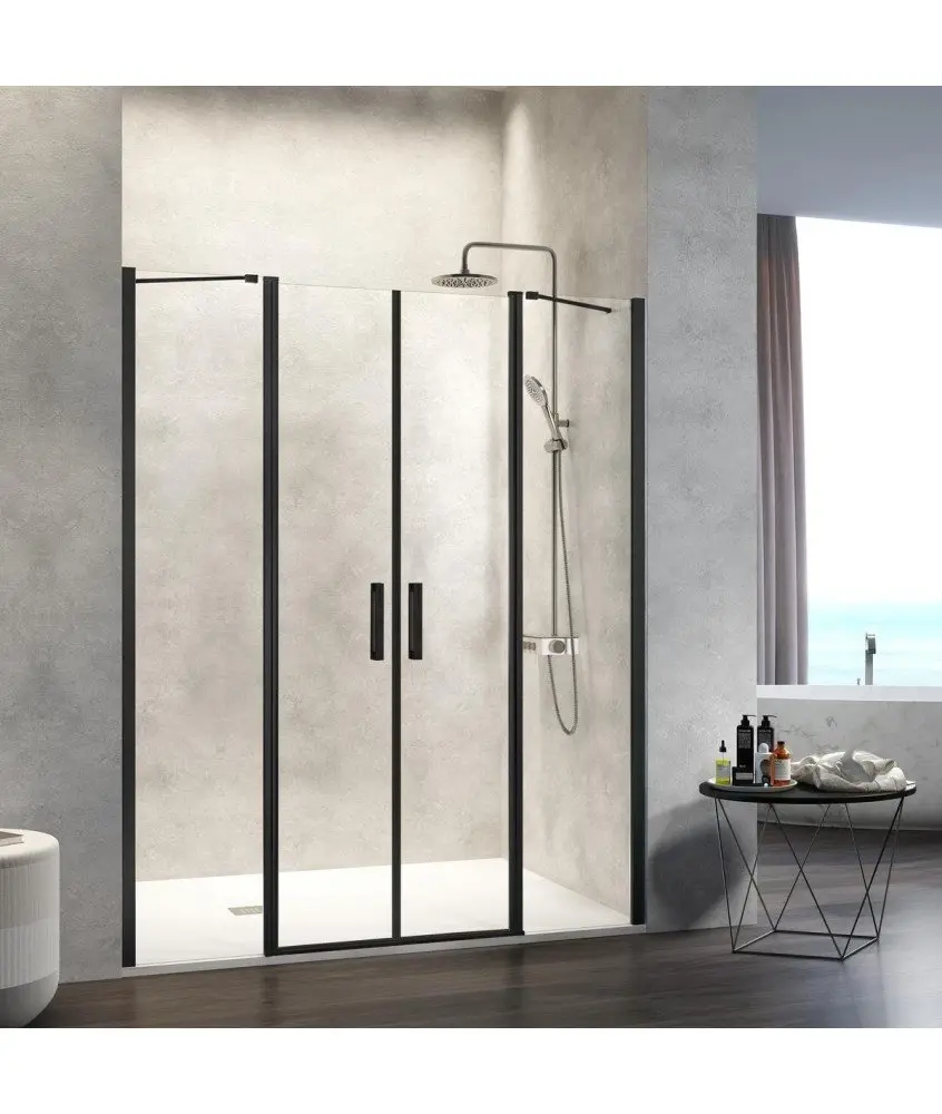 Paroi de douche frontale fixe et deux portes pivotante noires Kassandra en Melonbath | Écrans de salle de bains | Offres